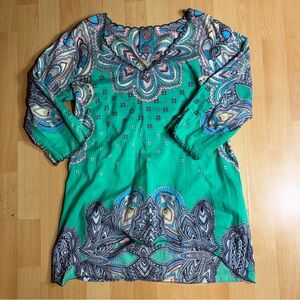 Johnny Was Teal and Multicolor Paisley Tunic Blouse Cotton Lightweight
